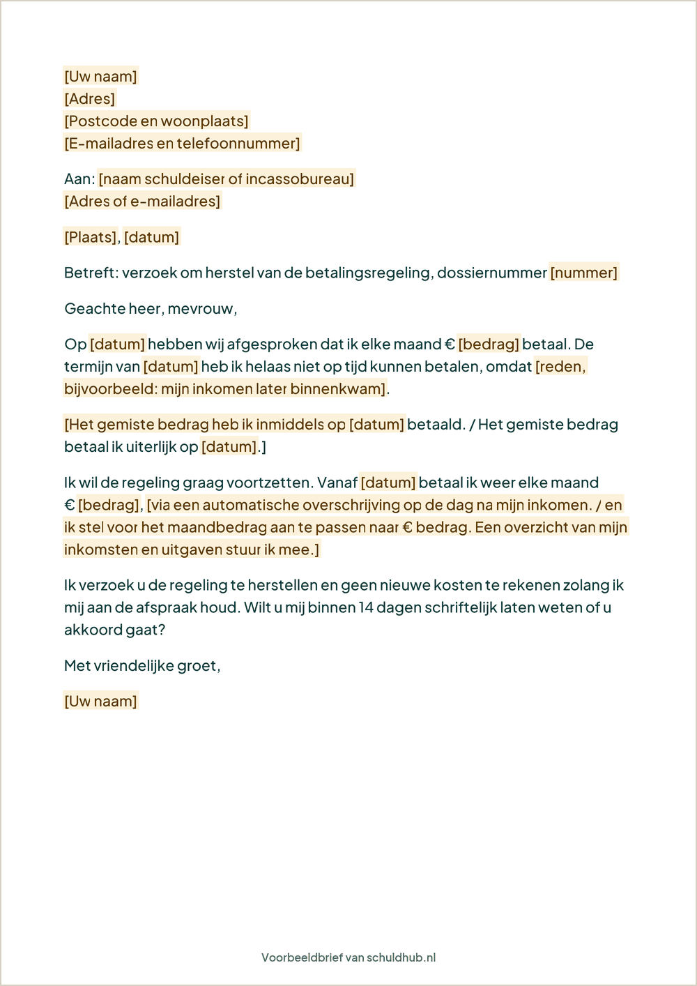 Voorbeeldbrief: Verzoek om herstel van de betalingsregeling